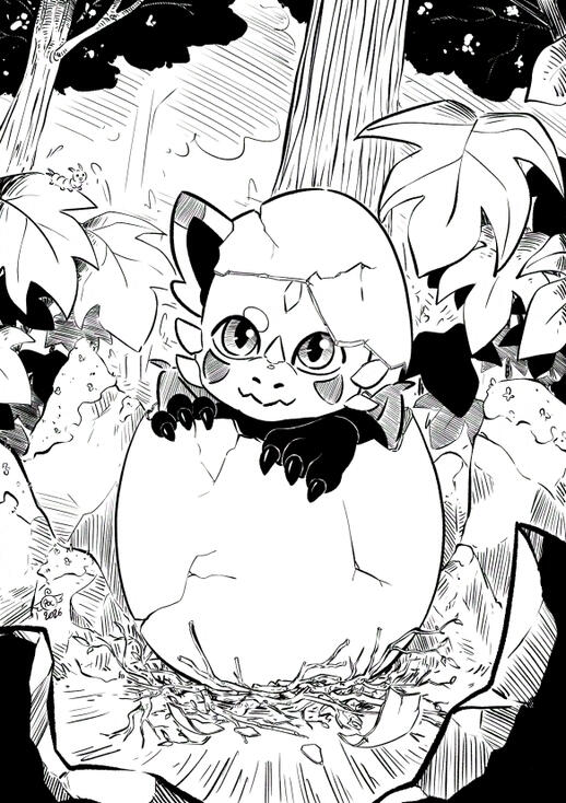 Little red-panda like dragon in black and white.