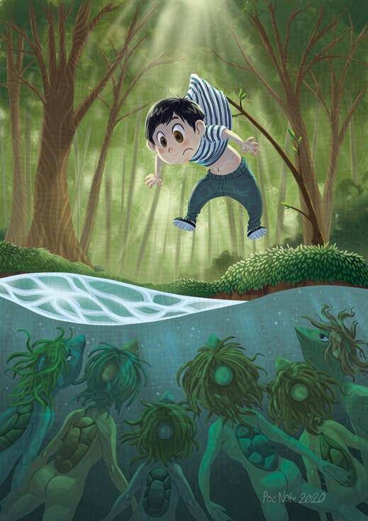Personnal illustration of a child being a bait for kappa.