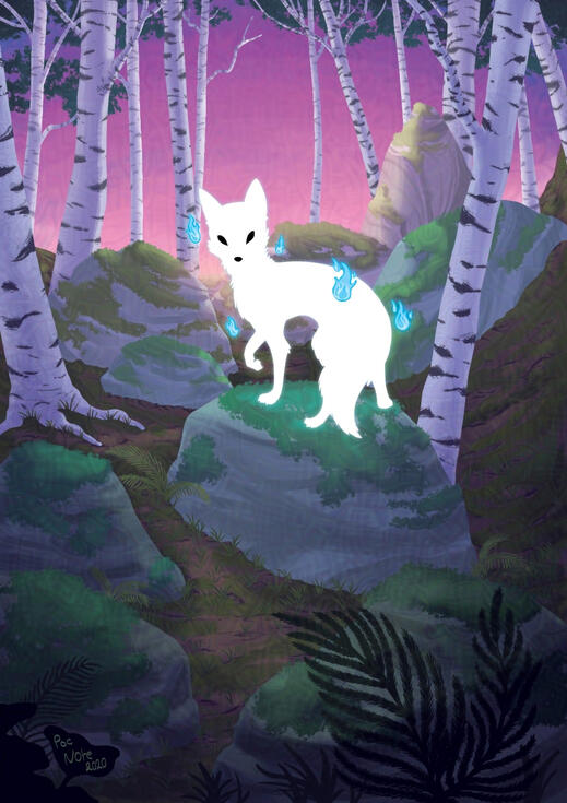 Personnal illustration of a spiritual fox in the forest.