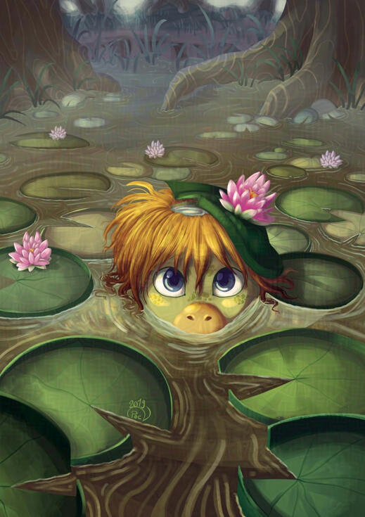 Personnal illustration of a kappa in a swamp.